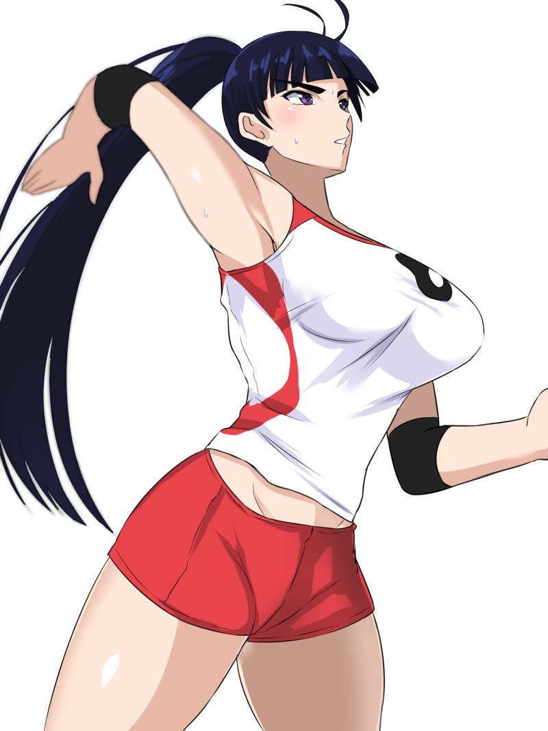 1girl bangs black_hair blunt_bangs breasts ebino_mei hatsukoi_zombie large_breasts long_hair ponytail solo sportswear takara_joney violet_eyes volleyball_uniform