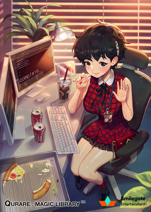 1girl arms_up bag bell_pepper black_eyes black_hair black_ribbon black_shoes blinds blurry bokeh breasts buttons can checkered checkered_dress cheese coca-cola collared_dress computer_keyboard computer_mouse copyright_name dayoungbyun depth_of_field dress drink drinking_straw dual_monitor food from_above hair_ornament hairclip handbag holding_pizza indoors knees_together_feet_apart lamp lanyard large_breasts leaf light looking_at_viewer monitor morning nail_polish olive open_mouth pepper pepperoni peter_pan_collar picture_(object) picture_frame pizza pizza_box plant purple_legwear qurare_magic_library red_dress red_nails ribbon shoes short_hair sitting sleeveless sleeveless_dress slice_of_pizza socks soda_can solo steam sunlight swivel_chair watch watch wing_collar