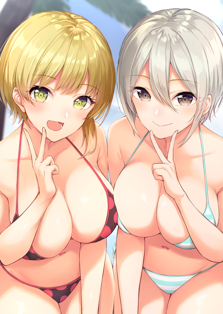 2girls :&gt; anza_tomo asymmetrical_hair bangs bikini black_bikini blonde_hair blue_bikini blurry blush breast_press breasts brown_eyes cleavage closed_mouth cowboy_shot depth_of_field eyebrows_visible_through_hair finger_to_mouth green_eyes grey_hair hair_between_eyes highres huge_breasts idolmaster idolmaster_cinderella_girls leaning_forward looking_at_viewer miyamoto_frederica multiple_girls navel open_mouth outdoors palm_tree polka_dot polka_dot_bikini red_bikini shiomi_shuuko short_hair side-tie_bikini sidelocks silver_hair smile striped striped_bikini swimsuit symmetry tree v white_bikini