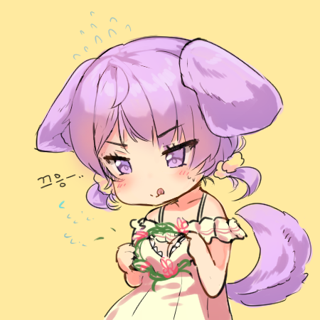 1girl bangs bare_shoulders blush cheli_(kso1564) chibi dog_tail dress eyebrows_visible_through_hair flying_sweatdrops hair_bobbles hair_ornament hands_up holding korean lowres original purple_hair simple_background smile solo tail tsurime violet_eyes yellow_background yellow_dress