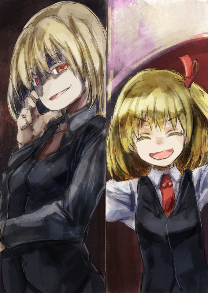1girl blonde_hair colored_eyelashes ex-rumia jacket necktie outstretched_arms red_eyes rumia side_ponytail touhou yohane