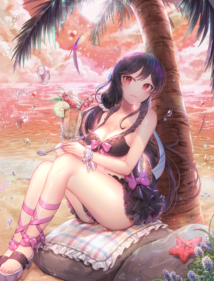 1girl beach black_hair blanket blush breasts cleavage closed_mouth cup drinking_glass eyebrows_visible_through_hair holding holding_drinking_glass holding_spoon large_breasts long_hair looking_at_viewer original outdoors ozzingo rock sitting smile solo spoon starfish sunset tree water_drop