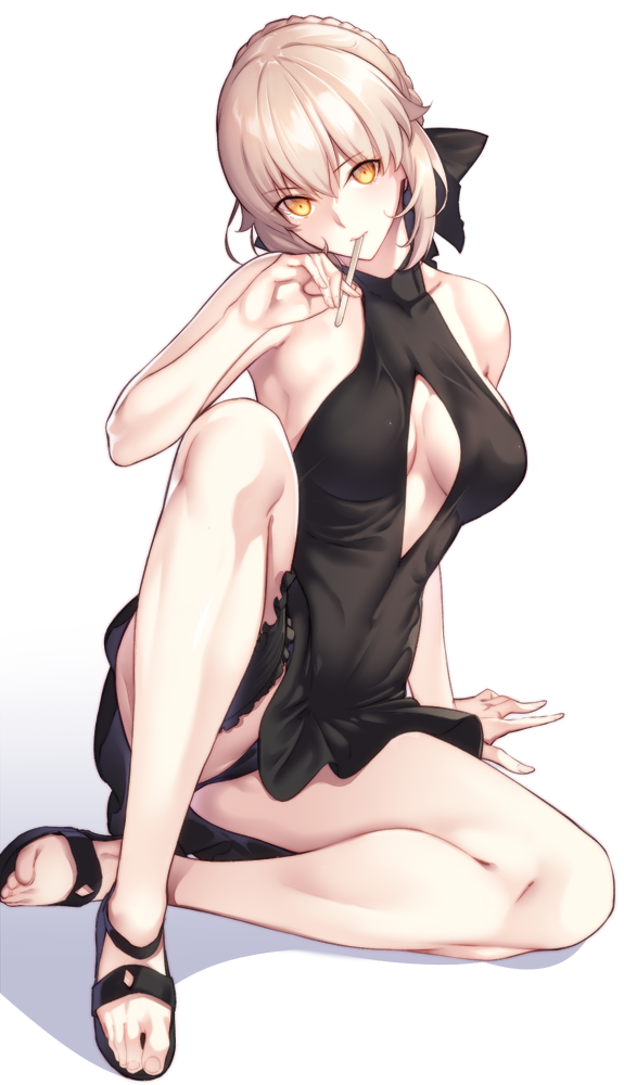 1girl 3: arm_support artoria_pendragon_(all) artoria_pendragon_(swimsuit_rider_alter)_(fate) bangs bare_legs bare_shoulders black_dress black_panties black_ribbon black_swimsuit bow braid breasts casual_one-piece_swimsuit cleavage_cutout collarbone commentary_request covered_navel dress expressionless eyebrows_visible_through_hair fate/grand_order fate/stay_night fate_(series) full_body hair_bow hair_ribbon halter_top halterneck head_tilt knee_up leg_garter legs light_brown_hair looking_at_viewer medium_breasts mouth_hold nanao_(mahaya) one-piece_swimsuit orange_eyes panties popsicle_stick ribbon saber_alter sandals shadow short_hair side_braid simple_background sitting solo swimsuit thighs underwear upskirt white_background yellow_eyes