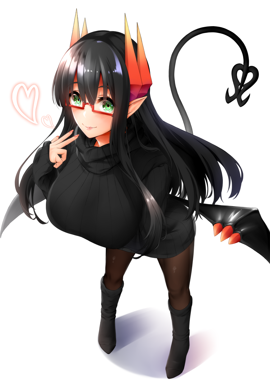 1girl bangs black_boots black_hair black_legwear black_sweater blush boots breasts closed_mouth demon_girl demon_tail demon_wings dress full_body green_eyes heart highres horns kitagawa_onitarou knee_boots large_breasts leaning_forward long_hair looking_at_viewer original pantyhose pointy_ears ribbed_sweater shadow sidelocks simple_background smile solo sweater sweater_dress tail turtleneck turtleneck_sweater v white_background wings