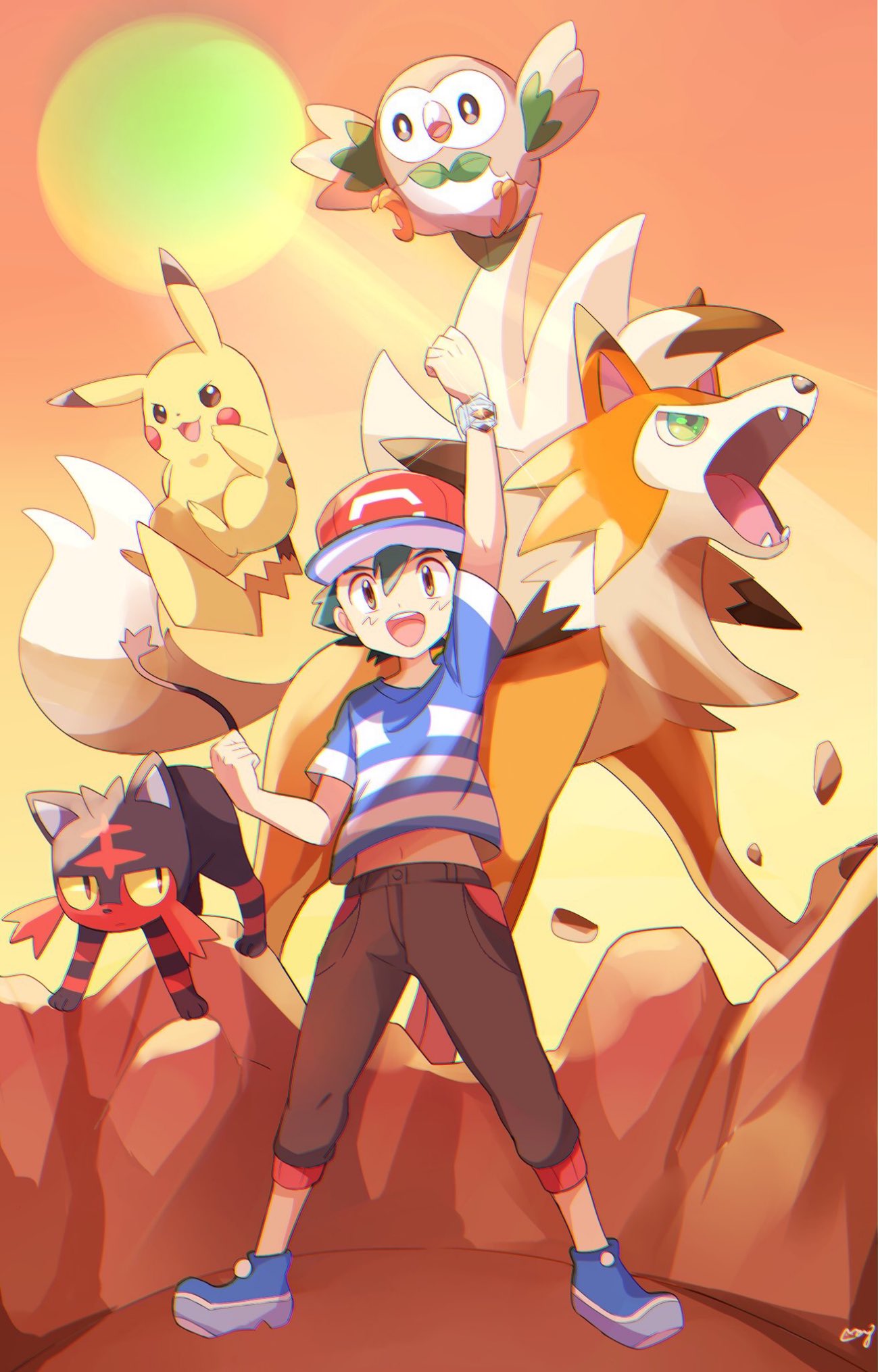 highres litten lycanroc picca pikachu pokemon pokemon_(anime) pokemon_(game) pokemon_sm pokemon_sm_(anime) rowlet satoshi_(pokemon)