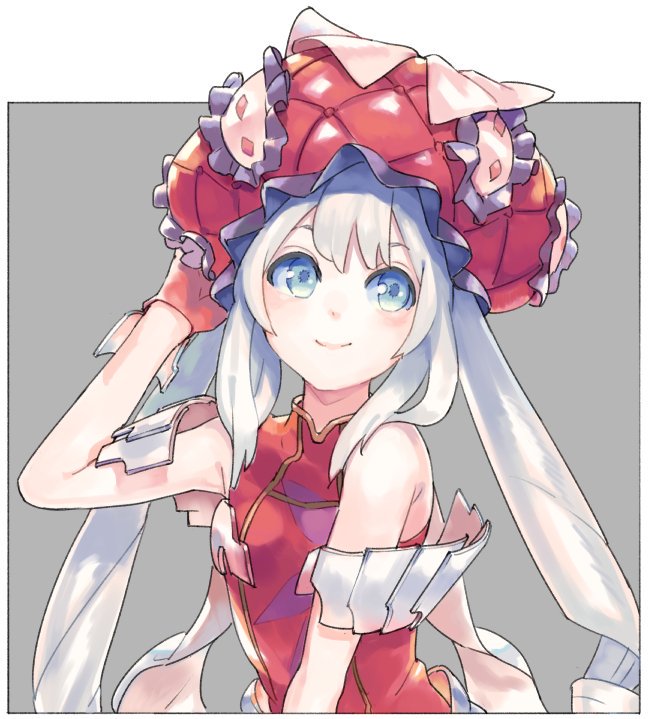 1girl arm_up armpits bangs bare_shoulders big_hat blue_eyes closed_mouth commentary_request dress fate/grand_order fate_(series) flat_chest gloves half_gloves hat long_hair marie_antoinette_(fate/grand_order) red_dress red_gloves red_hat silver_hair simple_background sleeveless sleeveless_dress smile solo twintails urayamashiro_(artist) white_hair