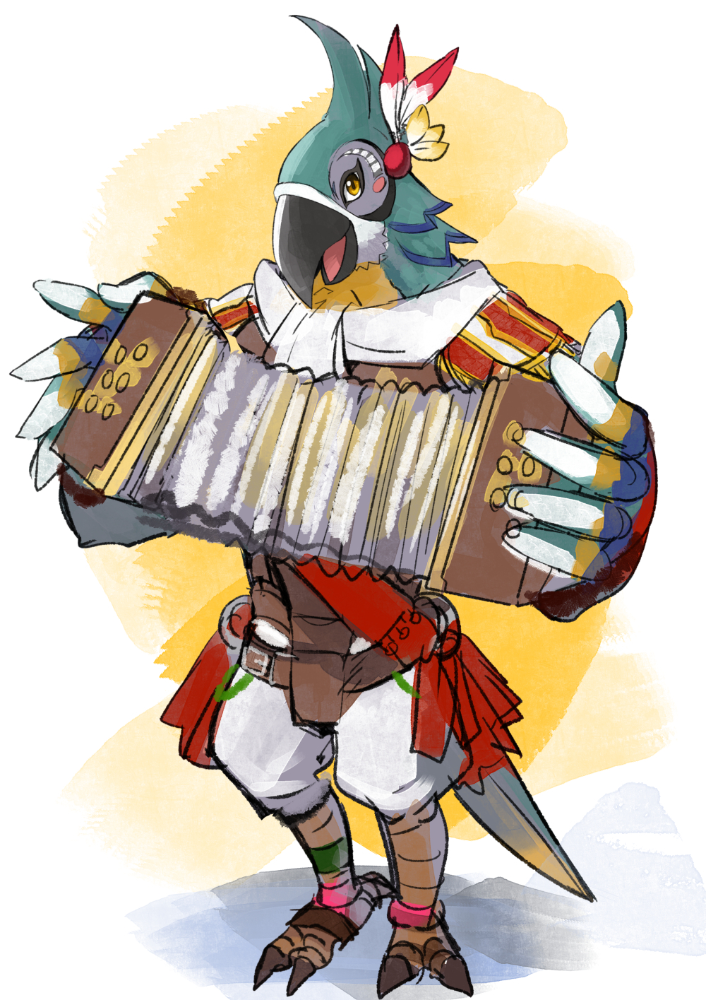 accordion bird brown_eyes highres instrument kass music open_mouth playing_instrument shimo_(s_kaminaka) solo standing the_legend_of_zelda the_legend_of_zelda:_breath_of_the_wild