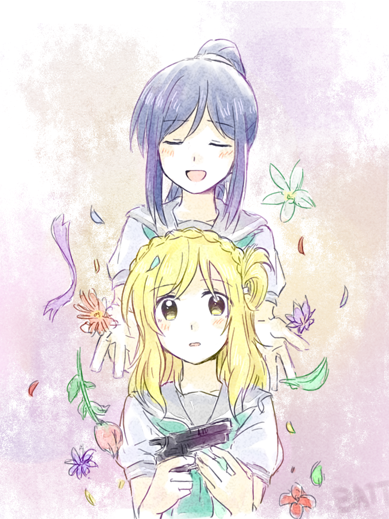 2girls blonde_hair blue_hair closed_eyes flower gun hair_rings handgun long_hair love_live! love_live!_school_idol_project love_live!_sunshine!! matsuura_kanan multiple_girls ohara_mari open_mouth ponytail sailor_collar school_uniform smile t_(thnk) weapon wide-eyed yellow_eyes