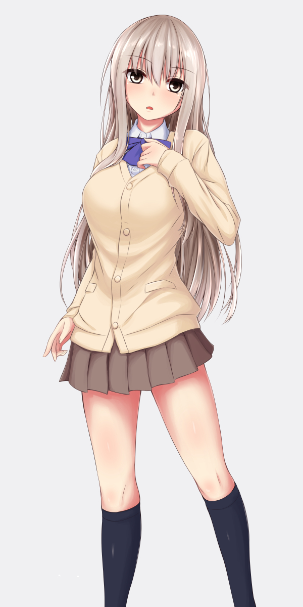 1girl arm_at_side black_legwear blue_bow bow breasts brown_skirt cardigan contrapposto cowboy_shot dress_shirt feet_out_of_frame grey_background grey_eyes grey_hair hand_on_own_chest head_tilt highres kansyasai kneehighs large_breasts long_hair looking_at_viewer miniskirt original parted_lips pleated_skirt school_uniform shirt simple_background skirt solo standing very_long_hair