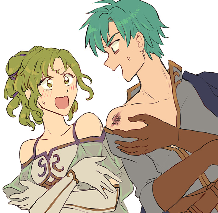 &gt;:0 &gt;:d 1boy 1girl :0 :d angry aqua_eyes aqua_hair bare_shoulders blush breasts brown_gloves bruise capelet circlet collarbone couple crossed_arms curly_hair dress dutch_angle elbow_gloves embarrassed ephraim eye_contact fire_emblem fire_emblem:_seima_no_kouseki formal gloves green_eyes green_hair grey_shirt hetero injury jewelry l'arachel laughing leaning leaning_to_the_side looking_at_another matching_hair/eyes naughty_face neck nintendo noshima off_shoulder open_clothes open_mouth open_shirt ponytail prince princess shirt short_hair shouting shy side-by-side simple_background small_breasts smile surprised sweatdrop undressing upper_body white_background white_dress white_gloves