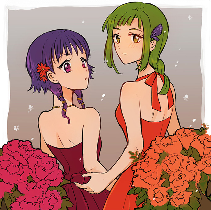 2girls alternate_costume back blush bouquet breasts dress fire_emblem fire_emblem:_seima_no_kouseki flower green_eyes green_hair hair_flower hair_ornament looking_at_viewer looking_back lute_(fire_emblem) maroon_dress multiple_girls noshima ponytail purple_hair red_dress short_hair sidelocks sleeveless sleeveless_dress small_breasts smile vanessa_(fire_emblem) violet_eyes