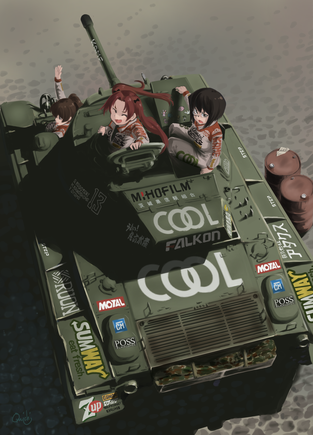 3girls 7-up anglerfish anteater artist_name bangs black_bow black_eyes black_hair bow brown_eyes brown_hair closed_eyes commentary_request drum_(container) error from_above general_motors girls_und_panzer ground_vehicle hair_bow highres hippopotamus jumpsuit kadotani_anzu kawashima_momo koyama_yuzu leopon_(animal) logo_parody logo_request long_hair long_sleeves looking_at_viewer looking_back m24_chaffee military military_vehicle monocle motor_vehicle multiple_girls omichi_(gutteli) open_mouth rabbit racing_suit romaji short_hair short_ponytail signature sitting smile subway_(company) tank translation_request twintails waving white_jumpsuit