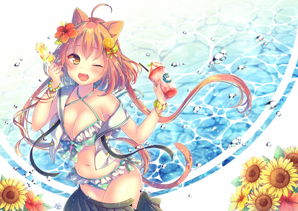 1girl ;d ahoge animal_ears bangs bikini black_skirt blouse blush breasts cat_ears cleavage cowboy_shot criss-cross_halter cup fang flower food food_themed_hair_ornament fruit hair_flower hair_ornament halter_top halterneck hands_up hibiscus holding holding_cup holding_food ice_cream large_breasts leaning_forward long_hair navel nemuri_nemu ocean one_eye_closed open_blouse open_clothes open_mouth orange orange_hair_ornament orange_slice original pleated_skirt popsicle red_flower sailor_collar school_uniform serafuku skirt smile soft_serve solo sunflower swimsuit water_drop white_blouse yellow_eyes