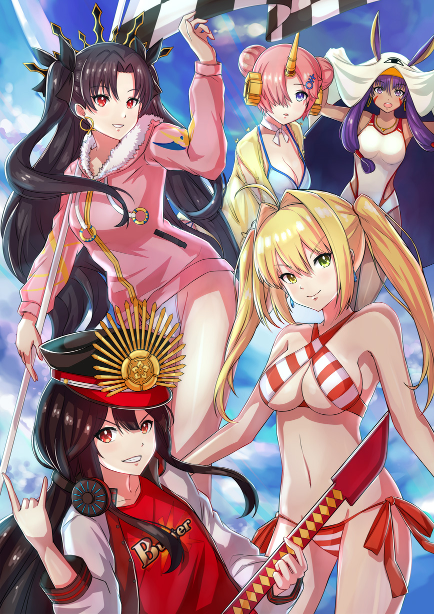 &gt;:) 5girls ahoge bangs berserker_of_black bikini black_hair blonde_hair blue_bikini blue_eyes blush breasts buster_shirt checkered checkered_flag choker cleavage dark_skin day demon_archer double_bun earrings facial_mark fate/apocrypha fate/grand_order fate_(series) frankenstein's_monster_(swimsuit_saber)_(fate) fur_trim green_eyes green_hair grin hair_between_eyes hair_intakes hair_ornament hair_over_one_eye hair_ribbon hair_tubes hairband halterneck hat headband headgear headphones headphones_around_neck highres hood hoodie hoop_earrings horn ishtar_(fate/grand_order) ishtar_(swimsuit_rider)_(fate) jacket jewelry kelinch1 light_rays long_hair looking_at_viewer medium_breasts medjed military_hat multiple_girls nero_claudius_(swimsuit_caster)_(fate) nitocris_(fate/grand_order) nitocris_(swimsuit_assassin)_(fate) oda_nobunaga_(swimsuit_berserker)_(fate) oda_uri one-piece_swimsuit open_clothes open_jacket outdoors parted_bangs parted_lips peaked_cap pink_hair pink_hoodie pink_jacket purple_hair red_eyes red_swimsuit ribbon saber_extra shirt short_hair side-tie_bikini sidelocks sky smile striped striped_bikini striped_swimsuit summer swimsuit t-shirt tohsaka_rin twintails two_side_up very_long_hair violet_eyes weapon white_swimsuit