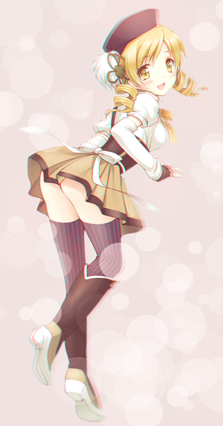 1girl :d ass black_legwear blonde_hair boots brown_legwear corset detached_sleeves drill_hair fingerless_gloves from_side gloves gunp hair_ornament hairpin looking_at_viewer magical_girl mahou_shoujo_madoka_magica no_panties open_mouth smile solo thigh-highs tomoe_mami twin_drills white_background yellow_eyes
