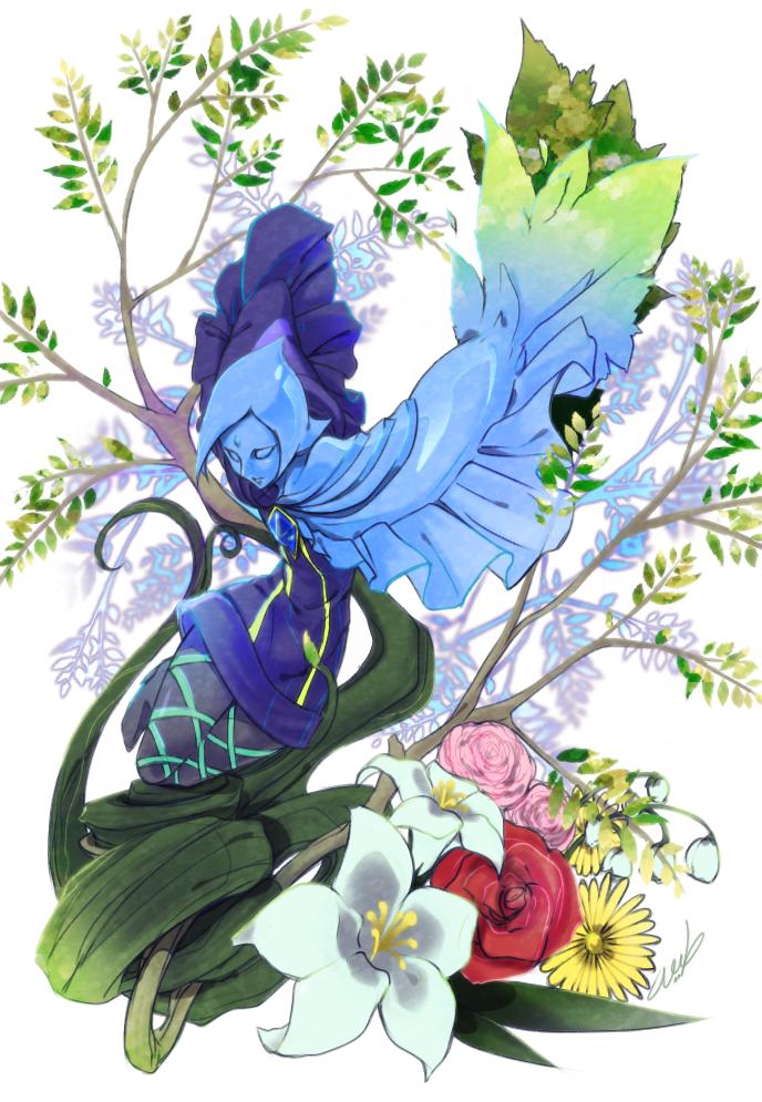 1girl black_legwear blue_hair blue_skin branch facial_mark fi flower forehead_mark full_body gem kandori_makoto leaf pokemon solo the_legend_of_zelda the_legend_of_zelda:_skyward_sword