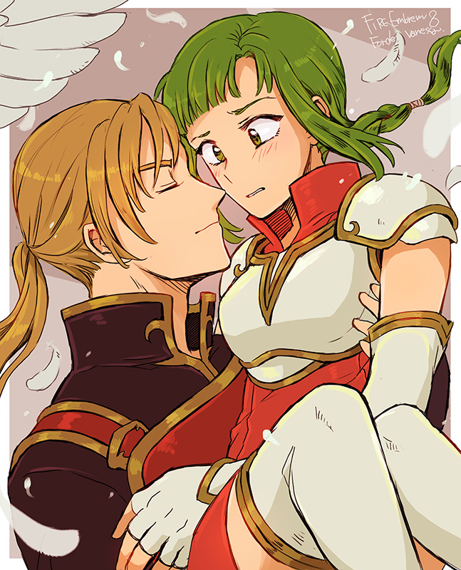 1boy 1girl armor blonde_hair blouse blush breastplate breasts carrying character_name closed_eyes copyright_name couple dutch_angle elbow_gloves face-to-face feathers fingerless_gloves fire_emblem fire_emblem:_seima_no_kouseki forde gloves green_eyes green_hair hetero noshima ponytail princess_carry shirt short_hair small_breasts thigh-highs vanessa_(fire_emblem) white_gloves white_legwear