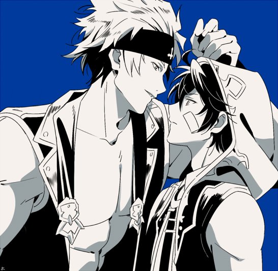 2boys ahoge ayer bandaid bandaid_on_face bare_shoulders black_hair blue_background bowman_(granblue_fantasy) duo_chromatic eye_contact granblue_fantasy headband height_difference hood looking_at_another male_focus multiple_boys open_clothes open_vest parted_lips pectorals simple_background sleeveless toned upper_body vest