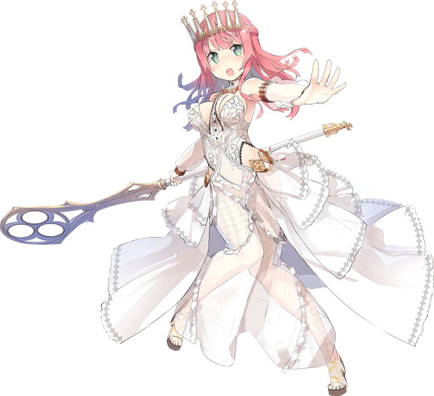 &gt;:o 1girl :o blue_eyes breasts detached_sleeves dress full_body holding holding_staff large_breasts long_hair nanashina official_art oshiro_project oshiro_project_re pink_hair prague_(oshiro_project) smile staff tiara transparent_background