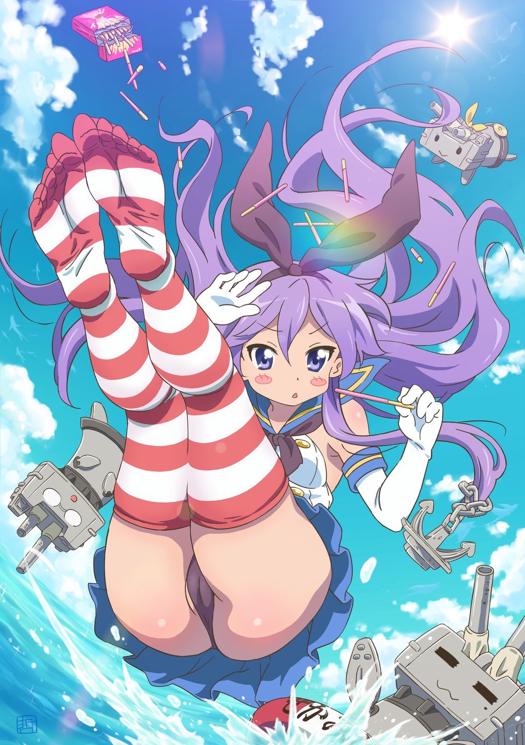 1girl anchor animal_ears artist_request ass blue_eyes blue_sky blush breasts clouds cosplay day food highres hiiragi_kagami kantai_collection long_hair lucky_star medium_breasts panties pocky purple_hair rabbit_ears rensouhou-chan rensouhou-kun shimakaze_(kantai_collection) shimakaze_(kantai_collection)_(cosplay) sky sunlight thigh-highs underwear water