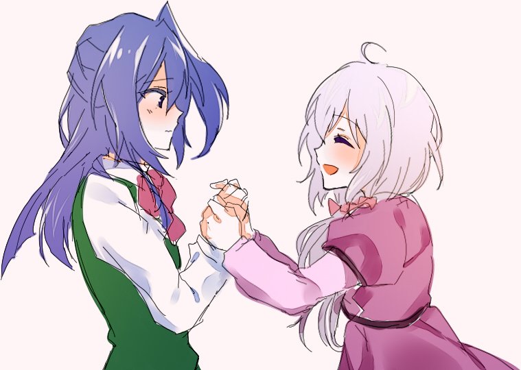 2girls ahoge bangs blue_eyes blue_hair blush bow closed_eyes closed_mouth dress green_jacket hair_bow hair_over_shoulder hand_holding jacket jpeg_artifacts kazanari_tsubasa laughing long_hair long_sleeves looking_at_another low-tied_long_hair multiple_girls open_eyes open_mouth parted_bangs pink_bow pink_dress profile red_bow resyeol school_uniform senki_zesshou_symphogear shirt short_sleeves side_ponytail silver_hair simple_background sleeve_cuffs sleeveless_jacket smile twintails upper_body very_long_hair white_background white_shirt white_sleeves younger yukine_chris