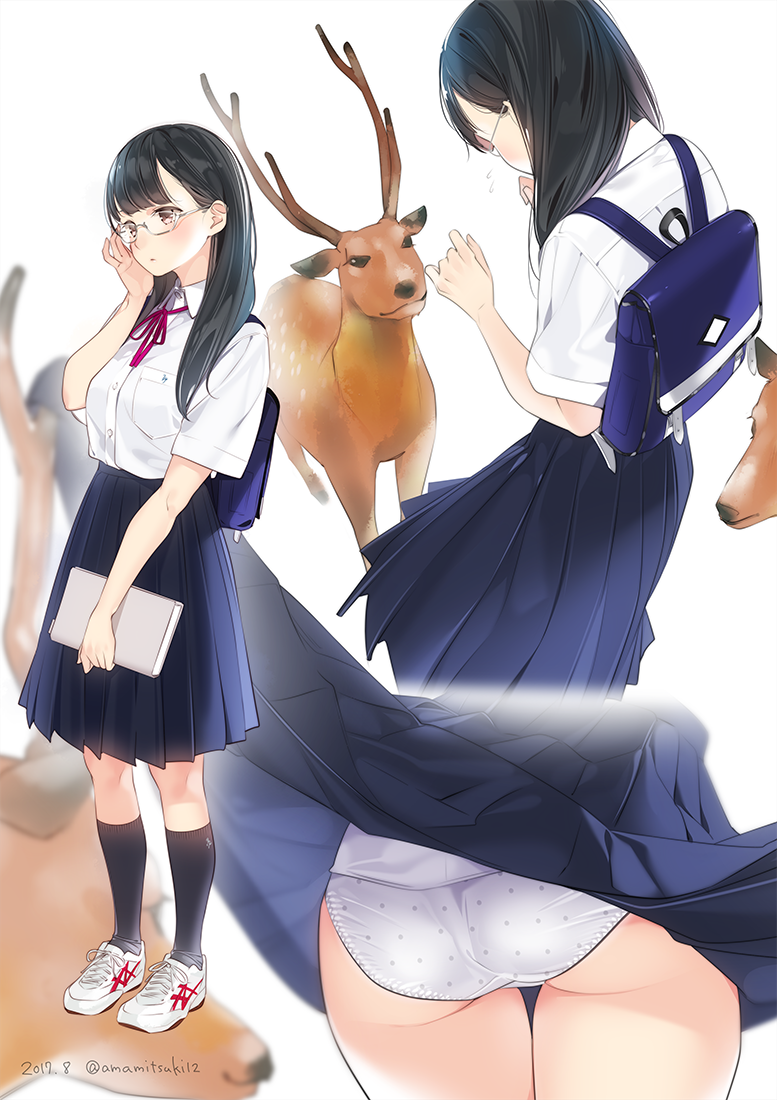 1girl adjusting_glasses ama_mitsuki animal ass assisted_exposure backpack bag bangs black_hair black_legwear blue_skirt blunt_bangs blush book brown_eyes buttons commentary_request dated dress_shirt from_behind full_body glasses holding holding_book kneehighs long_skirt looking_away lower_body multiple_views original panties pantyshot pleated_skirt polka_dot polka_dot_panties randoseru red_ribbon reindeer ribbon shirt shirt_tucked_in shoes short_sleeves skirt skirt_lift sneakers thigh_gap twitter_username underwear upskirt white_panties white_shirt white_shoes