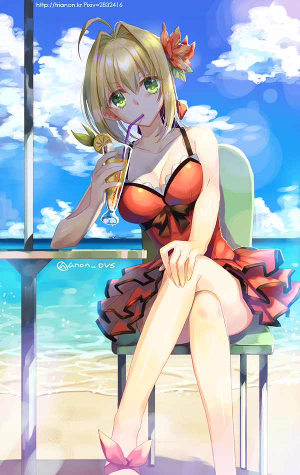 1girl bare_shoulders beach beach_umbrella blonde_hair breasts chair cleavage clouds cup day dress drinking drinking_glass drinking_straw fate/extra fate/grand_order fate_(series) flower frilled_dress frills green_eyes hair_flower hair_intakes hair_ornament large_breasts legs_crossed long_hair nero_claudius_(fate)_(all) ocean outdoors red_dress saber_extra shaft_(studio) short_dress sitting slippers solo summer table tokyo_mx trianon twitter_username type-moon umbrella water