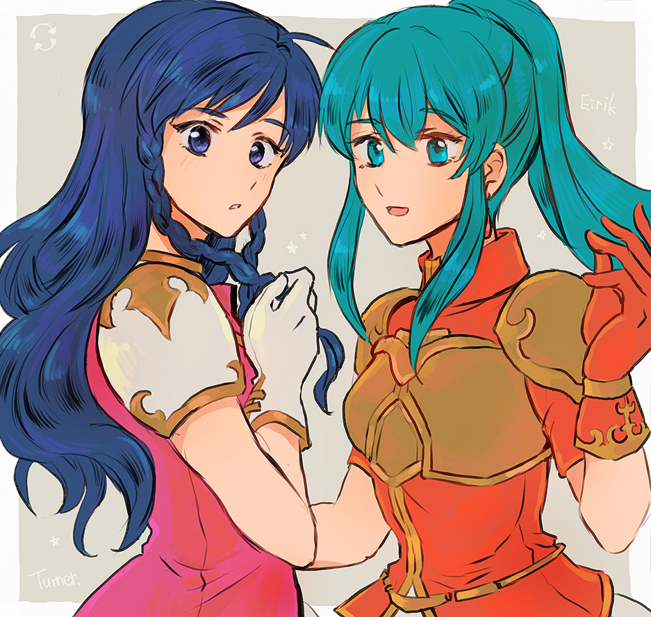 2girls :d ahoge alternate_hairstyle aqua_eyes aqua_hair armor armored_dress armored_shirt blouse blue_eyes blue_hair blush bracelet braid breastplate breasts character_name dress earrings eirika eyebrows_visible_through_hair female fire_emblem fire_emblem:_seima_no_kouseki friends from_side gloves gold_armor grey_background hair_between_eyes hair_down hairstyle_switch hand_on_own_chest hand_up highres jewelry long_hair looking_at_viewer looking_to_the_side matching_hair/eyes multiple_girls neck neck_ring nintendo noshima open_mouth parted_lips pauldrons princess red_clothes red_dress red_gloves red_shirt shirt short_sleeves shoulder_armor sidelocks simple_background small_breasts smile star tana twin_braids upper_body white_gloves