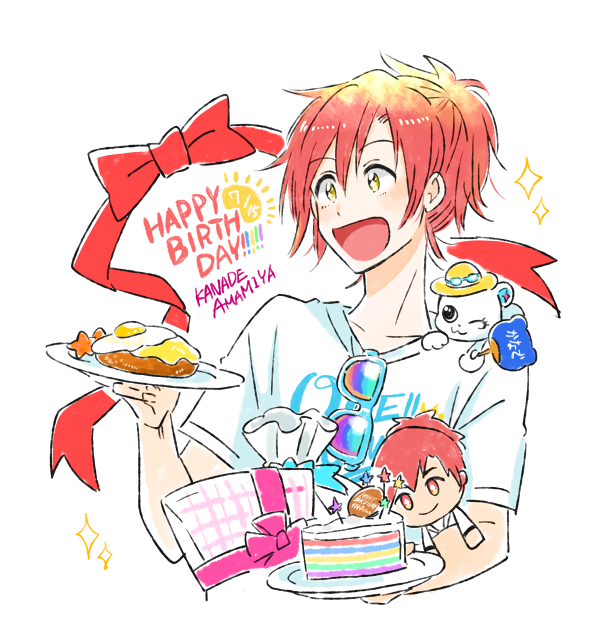 1boy :d amamiya_kanade cake character_doll character_name dorifesu! food gift happy_birthday high_ponytail male_focus open_mouth plate red_eyes shirt smile stuffed_animal stuffed_toy sunglasses sunglasses_removed t-shirt teddy_bear upper_body white_background yellow_eyes