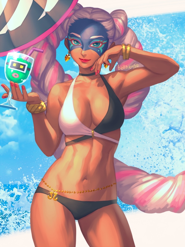 1girl arm_up arms_(game) artist_name bare_shoulders bellhenge bikini black_bikini blonde_hair bracelet breasts chains dark_skin dna_man_(arms) drill_hair earrings green_eyes jewelry large_breasts lipstick long_hair looking_at_viewer makeup mask multicolored multicolored_bikini multicolored_clothes navel signature smile solo splashing swimsuit thighs twin_drills twintelle_(arms) very_long_hair white_bikini