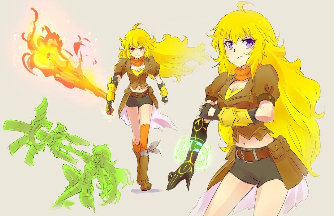 1girl ahoge arm_cannon blonde_hair breasts cleavage commentary_request ember_celica_(rwby) flamethrower iesupa navel orange_eyes prosthesis prosthetic_arm rwby shorts violet_eyes weapon yang_xiao_long