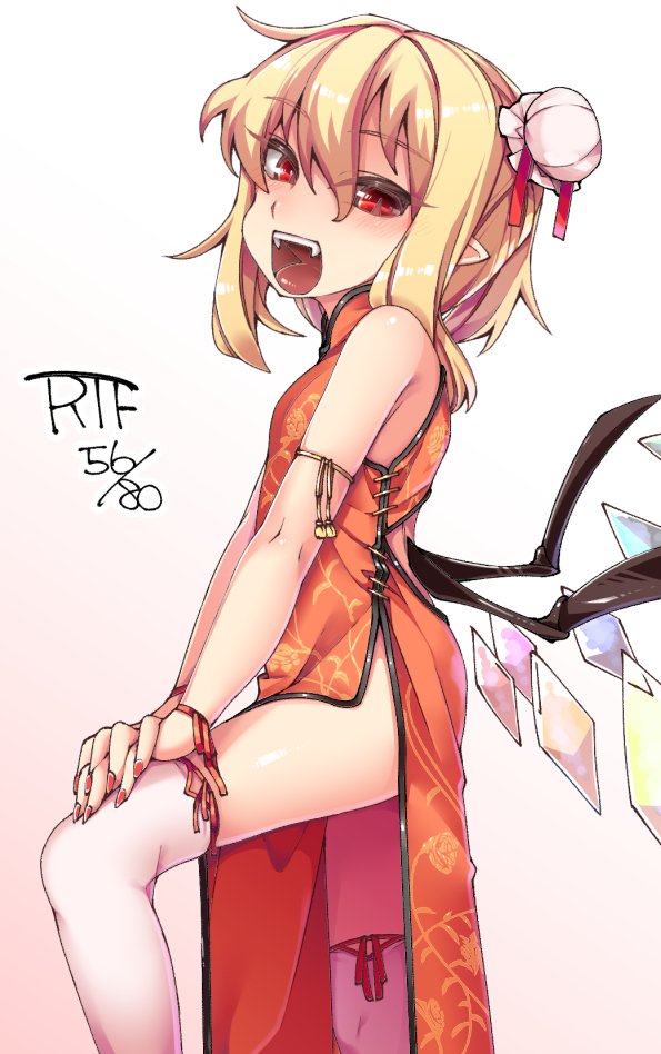 1girl alternate_costume blonde_hair bun_cover china_dress chinese_clothes dress fangs flandre_scarlet gradient gradient_background looking_at_viewer nail_polish open_mouth orange_dress pink_background pointy_ears red_eyes red_nails shamo_(koumakantv) smile solo teeth thigh-highs tongue touhou white_background white_legwear wings