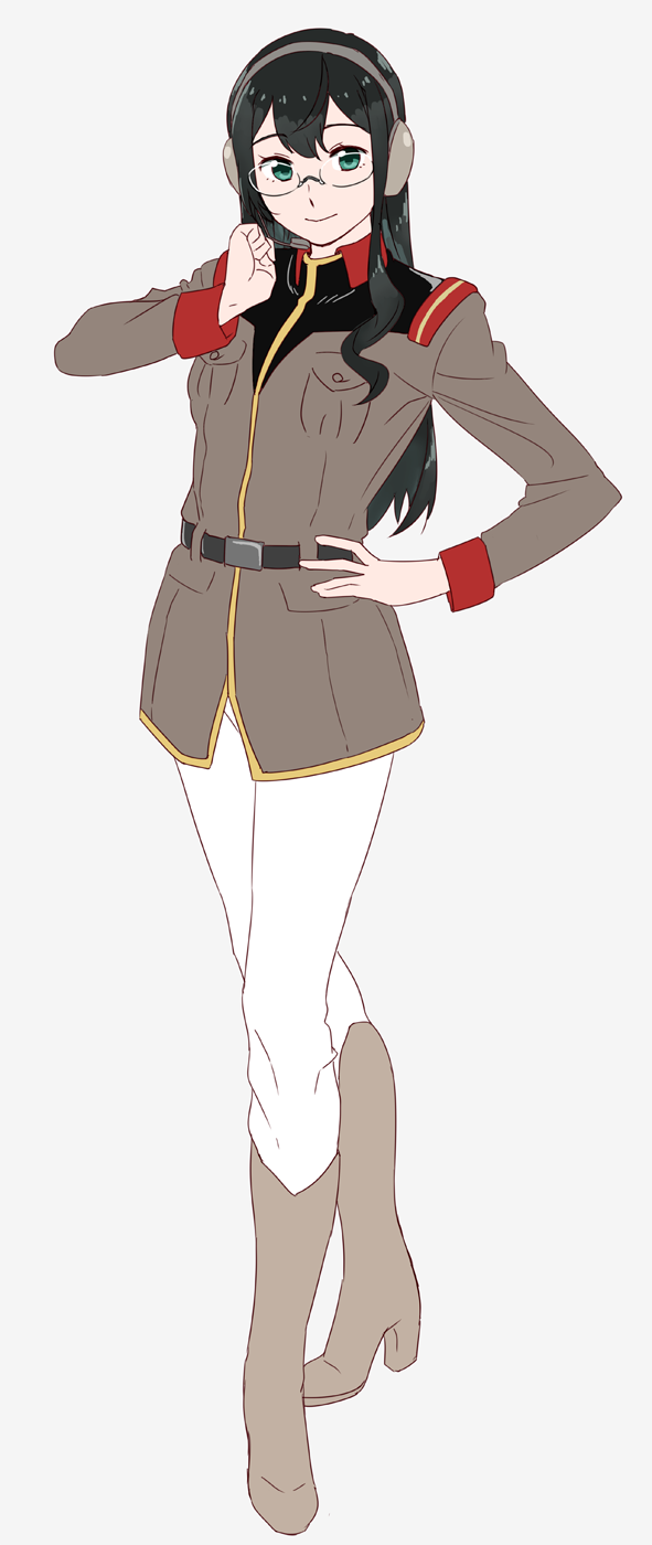 1girl belt black_hair boots glasses green_eyes gundam hand_on_hip hand_up headphones headset highres jacket kantai_collection legs_together long_hair long_sleeves military military_uniform mobile_suit_gundam ojipon ooyodo_(kantai_collection) pants sidelocks smile solo uniform white_background white_pants