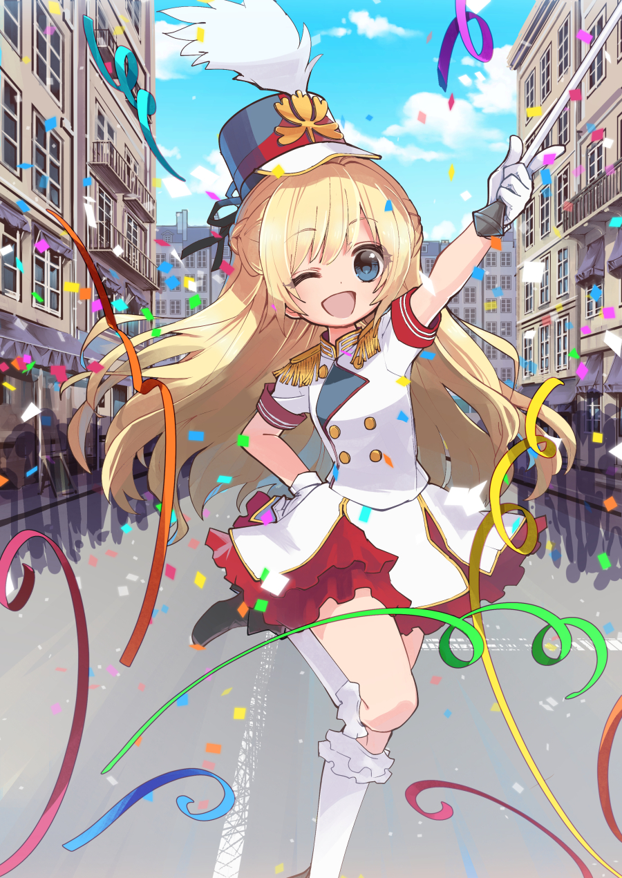 1girl ;d balcony band_uniform baton black_shoes blonde_hair blue_eyes blue_sky building child clouds confetti day epaulettes gloves hand_on_hip hat highres kneehighs march mareep15 one_eye_closed open_mouth original outdoors shoes sky smile solo standing white_gloves white_legwear