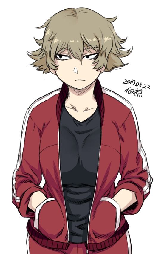 1girl black_eyes breasts brown_hair dated hands_in_pockets jacket jitome large_breasts messy_hair open_clothes open_jacket original short_hair solo tomboy track_jacket track_suit tsukudani_(coke-buta) tsurime