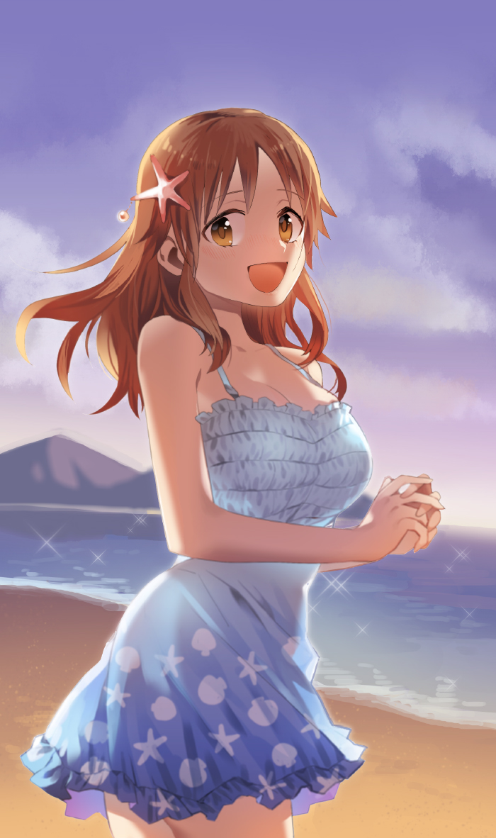 1girl :d alternate_costume alternate_hairstyle beach blue_dress blue_sky breasts brown_eyes brown_hair clouds cloudy_sky collarbone dress hands_clasped idolmaster idolmaster_cinderella_girls large_breasts looking_at_viewer medium_hair mountain ocean open_mouth sky smile solo starfish_hair_ornament totoki_airi wm_(chawoo1357)