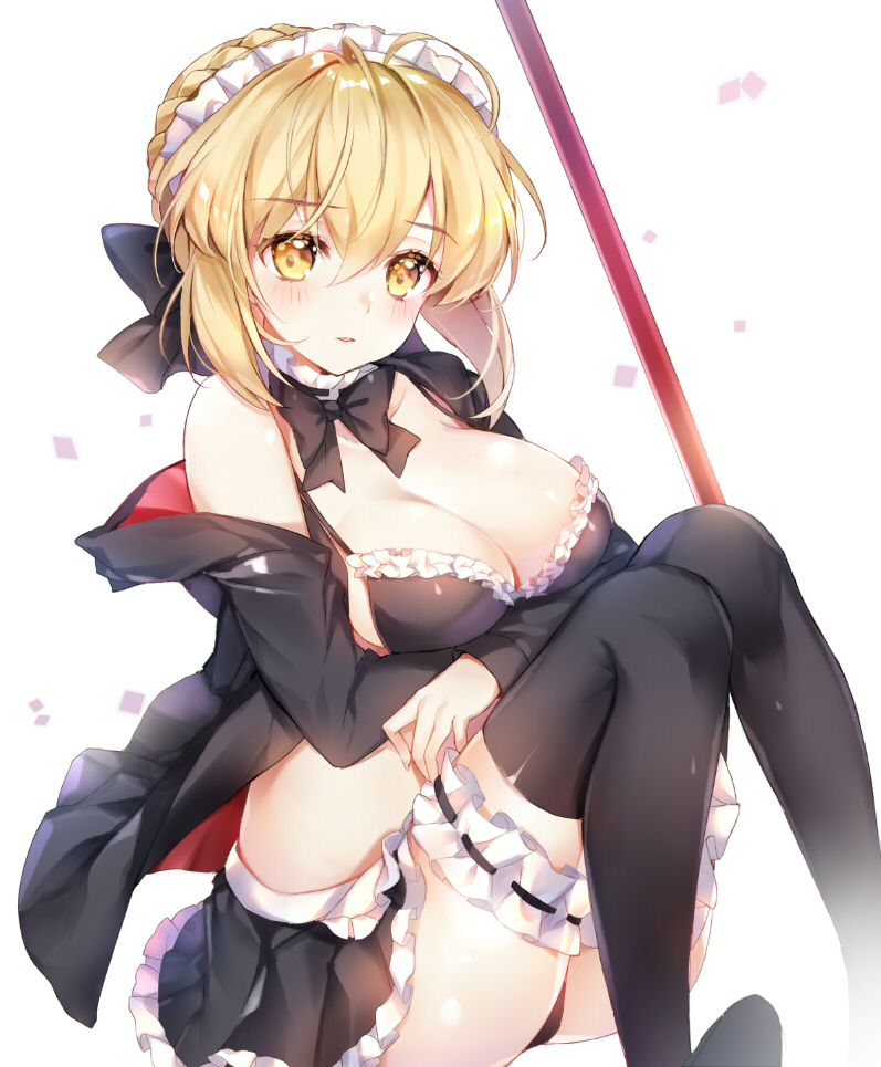 1girl artoria_pendragon_(all) artoria_pendragon_(swimsuit_rider_alter)_(fate) bangs black_legwear black_skirt blonde_hair blush braid breasts cleavage eyebrows_visible_through_hair fate/grand_order fate_(series) french_braid frilled_skirt frills hair_between_eyes hood hoodie knees_up large_breasts leg_garter looking_at_viewer maid_bikini maid_headdress medium_breasts open_clothes open_hoodie parted_lips pingo saber_alter sidelocks sitting skirt solo thigh-highs thighs yellow_eyes