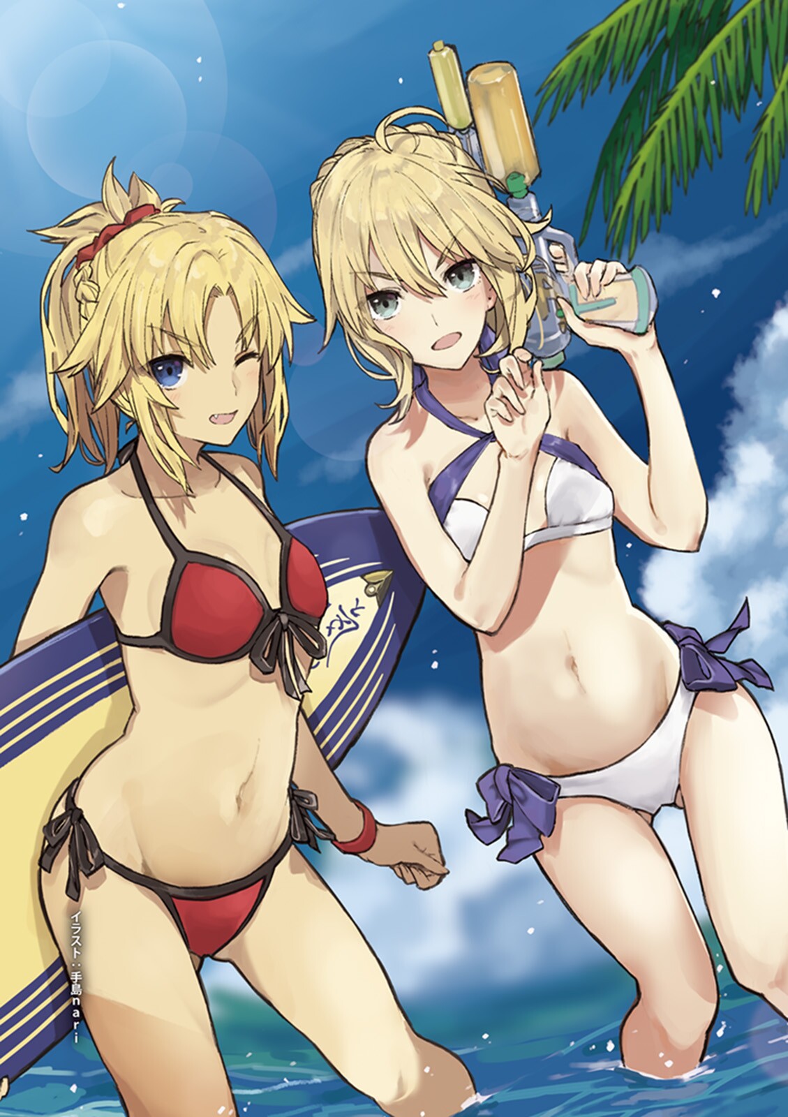 &gt;:d 2girls :d ;d ahoge artist_name artoria_pendragon_(all) artoria_pendragon_(swimsuit_archer) bad_anatomy bikini blonde_hair blue_eyes blue_sky blurry braid breasts criss-cross_halter day depth_of_field eyebrows_visible_through_hair fang fate/apocrypha fate/grand_order fate/stay_night fate_(series) finger_on_trigger fisheye front-tie_bikini front-tie_top gluteal_fold grey_eyes hair_between_eyes hair_ornament hair_scrunchie halterneck highres lens_flare looking_at_viewer medium_breasts mordred_(swimsuit_rider)_(fate) multiple_girls navel one_eye_closed open_mouth outdoors palm_tree ponytail red_bikini saber saber_of_red scrunchie side-tie_bikini sky small_breasts smile surfboard swimsuit tan teshima_nari tree wading water_gun white_bikini wristband