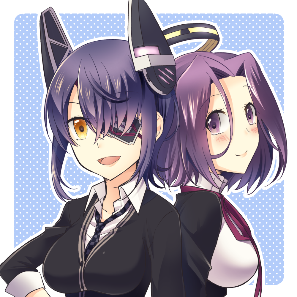 2girls blush checkered checkered_necktie eyepatch headgear kantai_collection kotobuki_(momoko_factory) looking_at_viewer mechanical_halo mole mole_under_eye multiple_girls necktie open_mouth polka_dot polka_dot_background purple_hair short_hair smile tatsuta_(kantai_collection) tenryuu_(kantai_collection) violet_eyes yellow_eyes