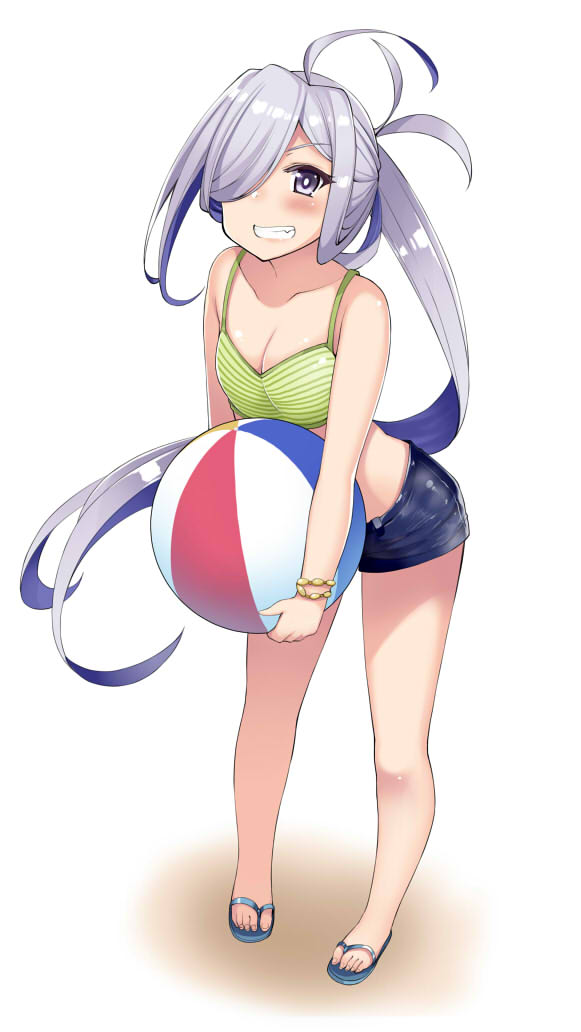 1girl asashimo_(kantai_collection) ball bare_arms bare_legs beachball blush breasts bright_pupils cleavage collarbone full_body green_bikini_top grey_eyes grin hair_over_one_eye holding kantai_collection kusano_(torisukerabasu) leaning_forward long_hair looking_at_viewer medium_breasts ponytail sandals short_shorts shorts silver_hair smile solo standing striped_bikini_top tears very_long_hair