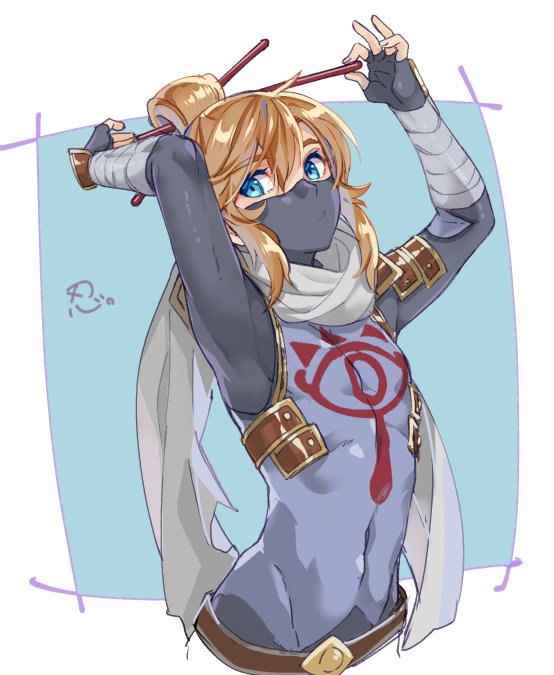 1boy blonde_hair blue_eyes covering_face earrings gloves hair_ornament jewelry link long_hair looking_at_viewer male_focus mask pointy_ears ponytail sheik shuri_(84k) solo the_legend_of_zelda the_legend_of_zelda:_breath_of_the_wild trap