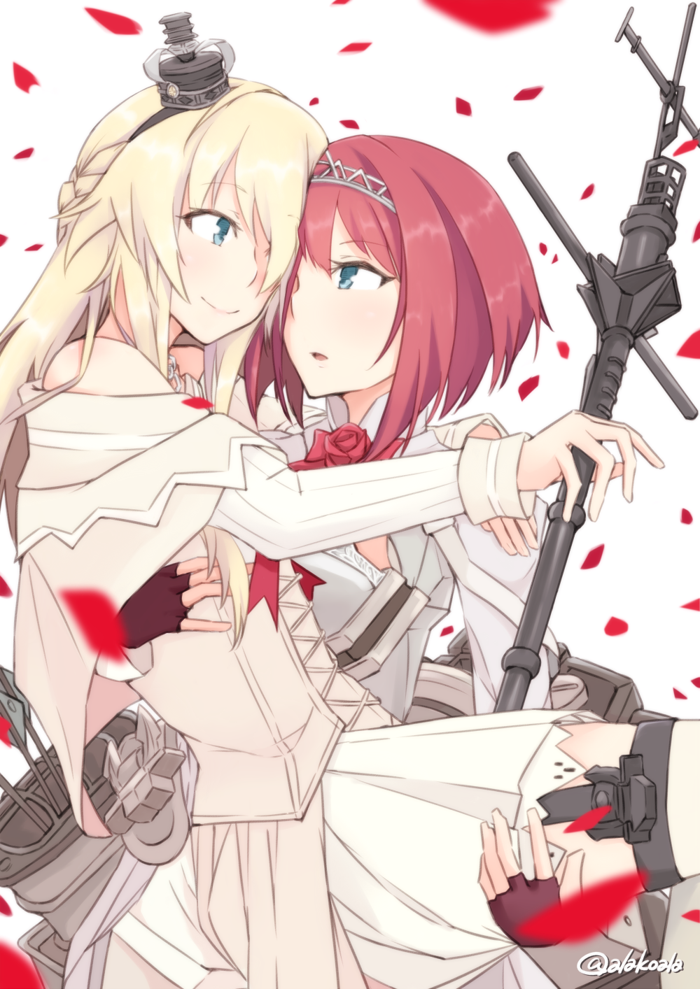 2girls alakoala_shoushou ark_royal_(kantai_collection) blonde_hair blue_hair braid brown_gloves carrying corset crown dress eye_contact fingerless_gloves flower french_braid gloves hairband head_to_head highres jewelry kantai_collection long_hair long_sleeves looking_at_another mini_crown multiple_girls necklace off-shoulder_dress off_shoulder petals princess_carry red_rose redhead rose short_hair simple_background smile tiara twitter_username warspite_(kantai_collection) white_background white_corset white_dress