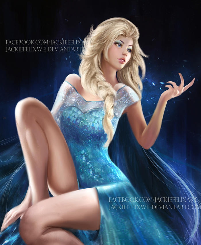 1girl blonde_hair blue_dress blue_eyes braid cape dress elsa_(frozen) eyeshadow frozen_(disney) hair_over_shoulder jackie_felix long_hair looking_to_the_side makeup off_shoulder single_braid solo watermark web_address