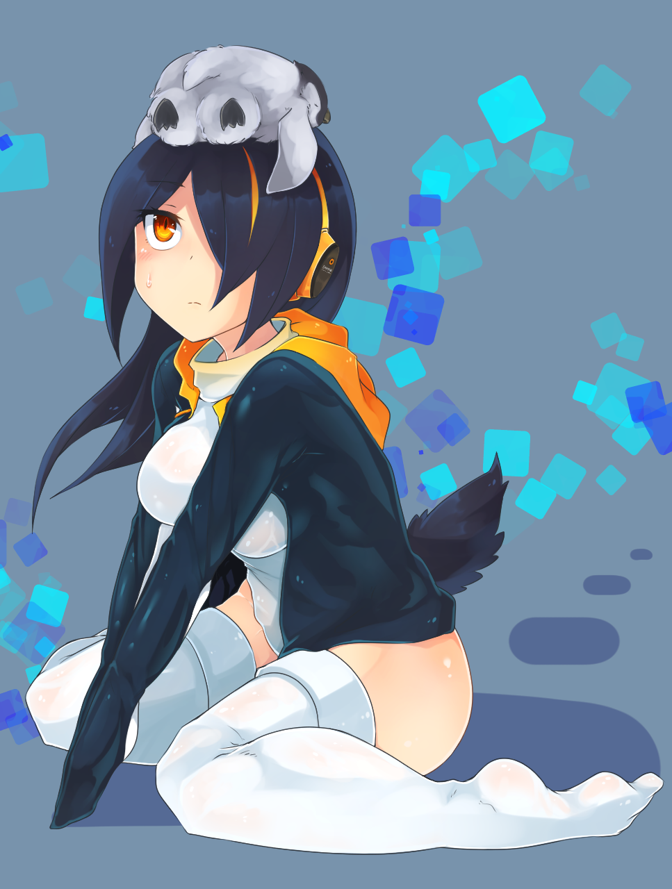 1girl animal animal_on_head bird bird_on_head black_hair breasts covered_navel emperor_penguin_(kemono_friends) hair_over_one_eye headphones highleg highres hood hoodie jacket kemono_friends korigitsune large_breasts leotard long_hair multicolored_hair on_head penguin sitting solo thigh-highs v_arms wariza white_legwear white_leotard yellow_eyes