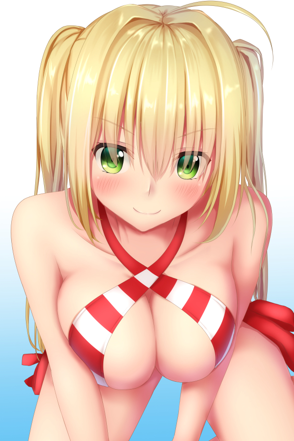 &gt;:) 1girl ahoge all_fours bikini blonde_hair blush breasts fate/grand_order fate_(series) green_eyes hair_intakes halterneck large_breasts long_hair looking_at_viewer nero_claudius_(swimsuit_caster)_(fate) nose_blush saber_extra side-tie_bikini smile solo striped striped_bikini swimsuit tapisuke twintails very_long_hair