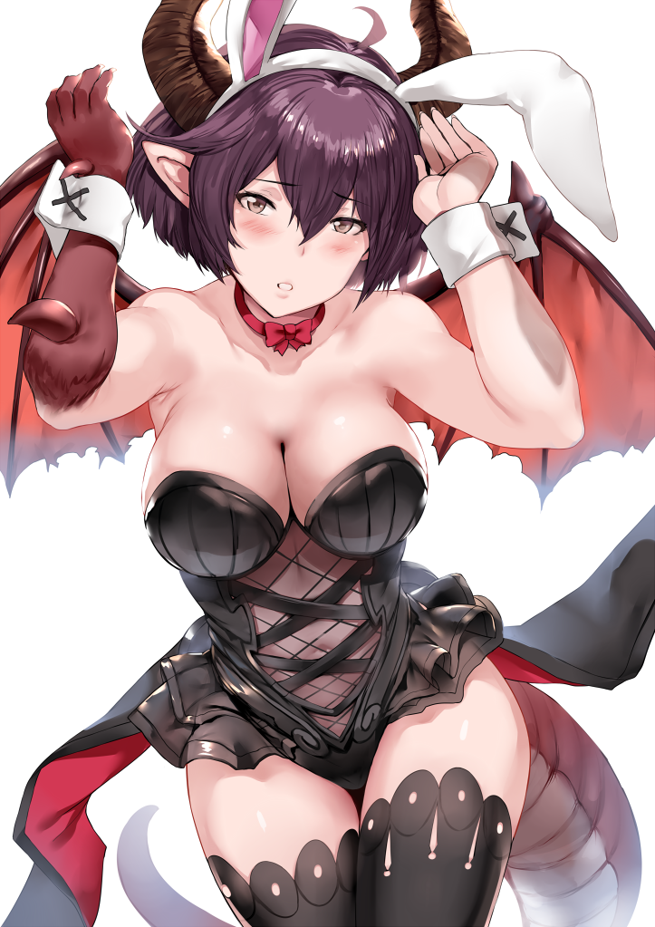 1girl ahoge alternate_costume animal_ears arms_up asymmetrical_arms bare_shoulders black_legwear black_leotard blush breasts brown_eyes bunny_girl bunnysuit choker cleavage dragon_girl dragon_horns dragon_tail dragon_wings eyebrows_visible_through_hair fake_animal_ears female fishnets granblue_fantasy grea_(shingeki_no_bahamut) hair_between_eyes hews_hack highres horns large_breasts legs leotard looking_at_viewer navel parted_lips pointy_ears purple_hair rabbit_ears red_choker red_ribbon ribbon ribbon_choker see-through shingeki_no_bahamut short_hair simple_background solo strapless strapless_leotard tail thigh-highs waist_cape white_background wings wrist_cuffs