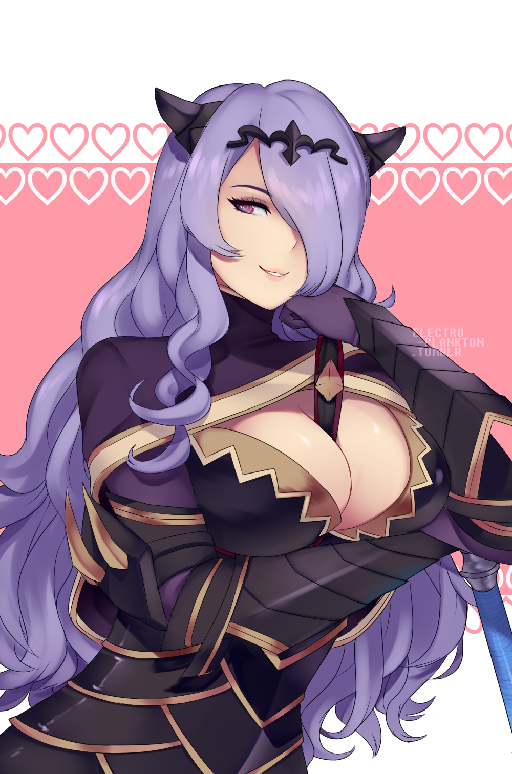 1girl breastplate breasts camilla_(fire_emblem_if) cleavage_cutout electro-plankton fire_emblem fire_emblem_if gauntlets hair_over_one_eye highres large_breasts long_hair looking_at_viewer purple_hair simple_background smile solo violet_eyes