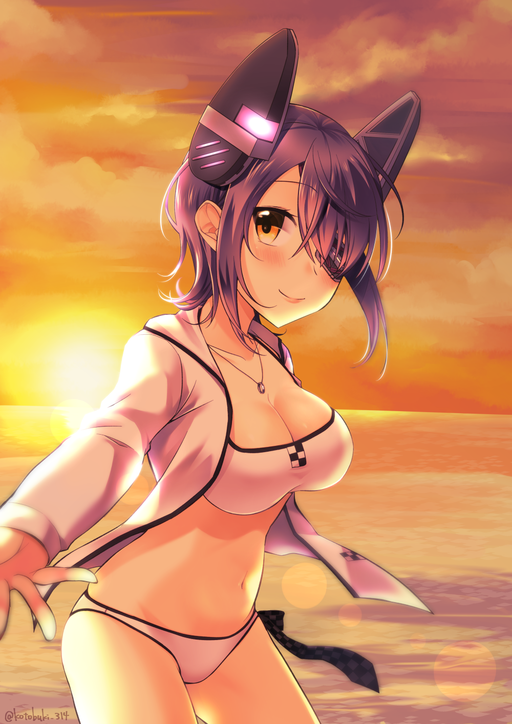 1girl bikini breasts checkered checkered_necktie cleavage eyepatch headgear highres jacket jewelry kantai_collection kotobuki_(momoko_factory) looking_at_viewer midriff navel necklace necktie necktie_removed open_clothes open_jacket purple_hair reaching_out ring short_hair solo sunset swimsuit tenryuu_(kantai_collection) twitter_username white_bikini yellow_eyes