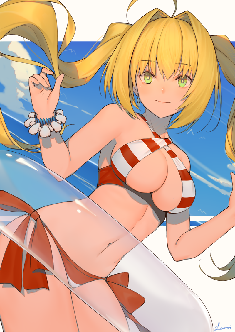 1girl blonde_hair blush bracelet breasts cleavage closed_mouth eyebrows_visible_through_hair fate/grand_order fate_(series) green_eyes innertube jewelry lanzi_(415460661) large_breasts long_hair navel nero_claudius_(swimsuit_caster)_(fate) smile solo swimsuit twintails