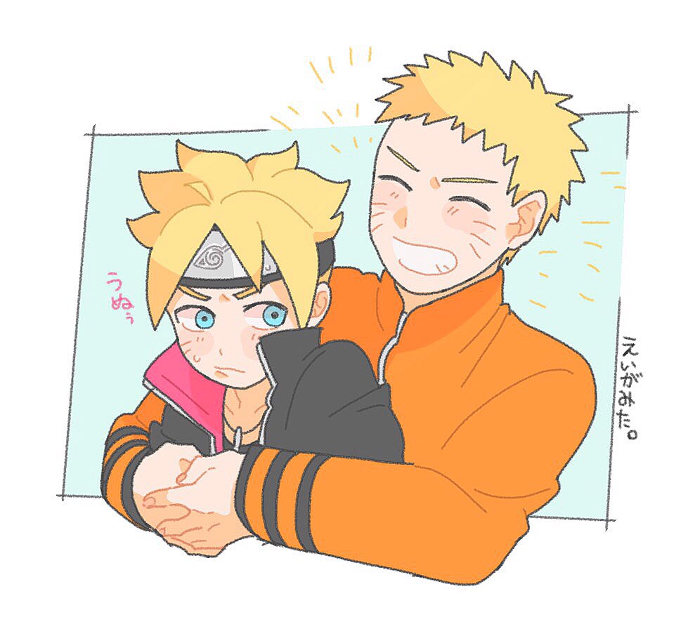 2boys blue_eyes boruto:_naruto_next_generations embarrassed father_and_son grin headband hug hug_from_behind multiple_boys naruto pout short_hair smile upper_body uzumaki_boruto uzumaki_naruto whisker_markings